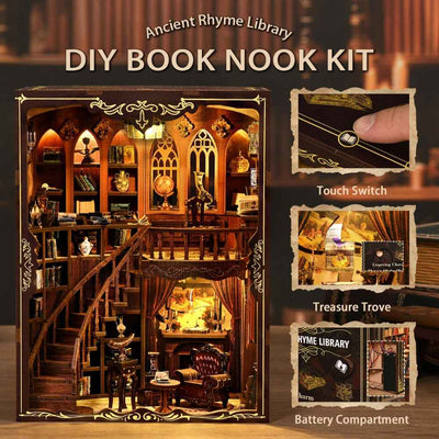Ancient Rhyme Library feature collage with touch-switch, fireplace and battery-compartment details.