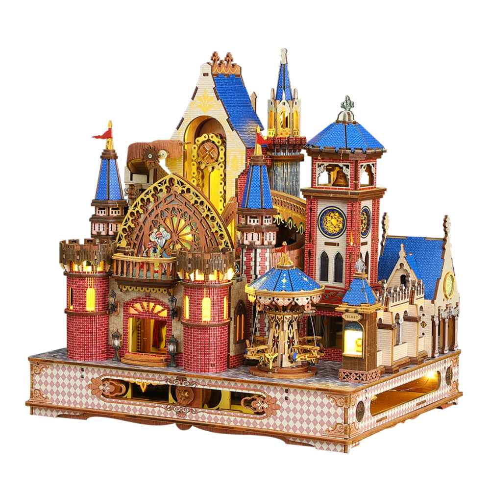 Annecy Castle model against a white background with colorful towers and arches.