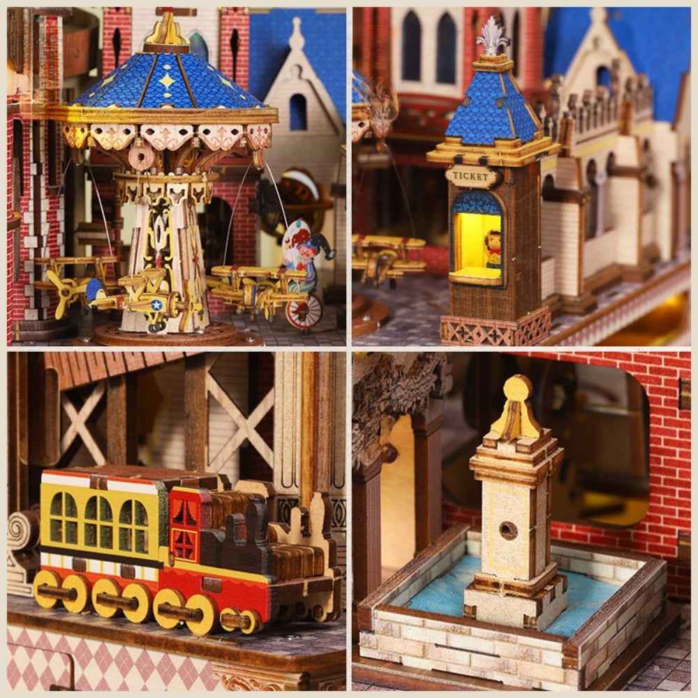 Annecy Castle details showing a carousel, miniature train, ticket window and fountain.