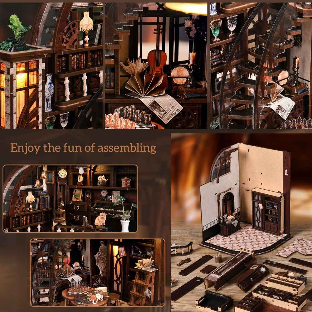 Bacchus Bookstore assembly collage showing the miniature interior and structural panels.