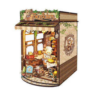 Angled Bear Bakery book nook showing its curved shop window and bear-portrait side panel.