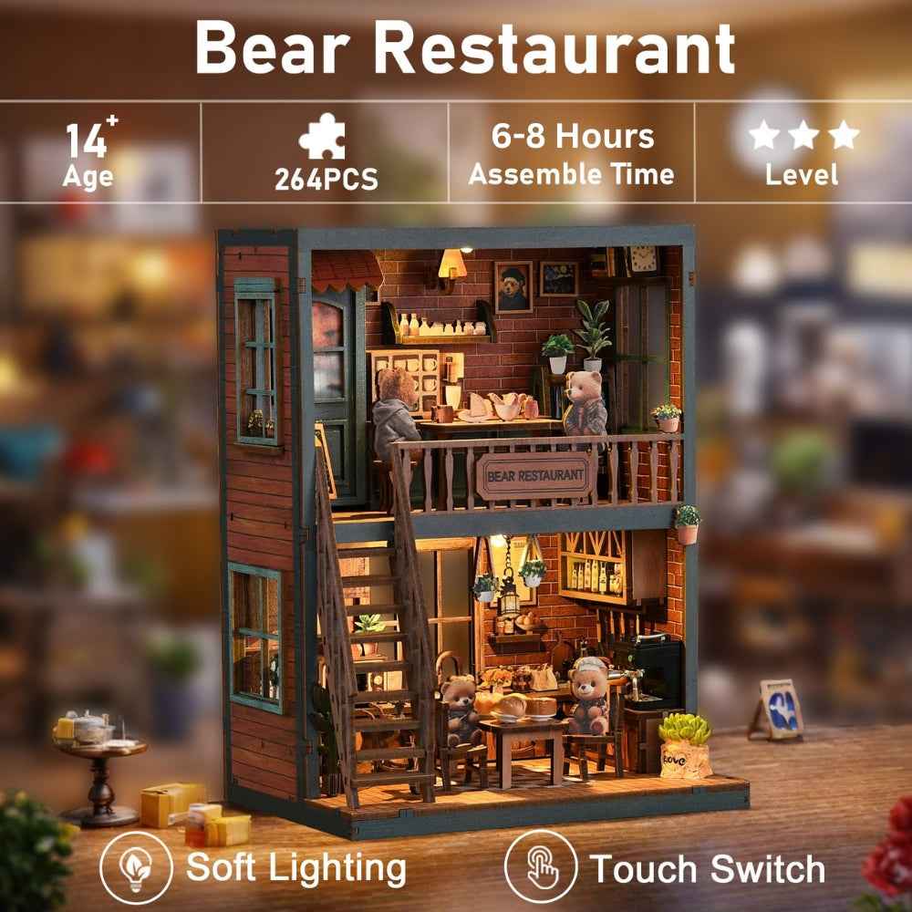 Bear Restaurant specification card with the illuminated two-story interior.