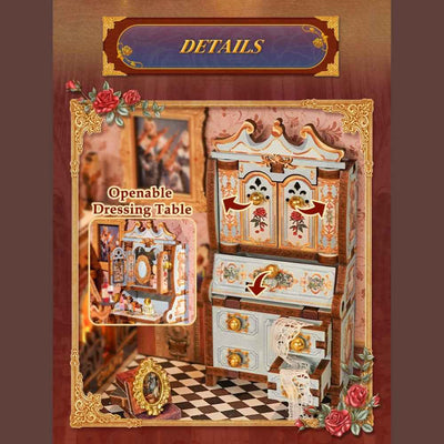 Beast and Beauty miniature dressing table shown with its cabinet doors open.