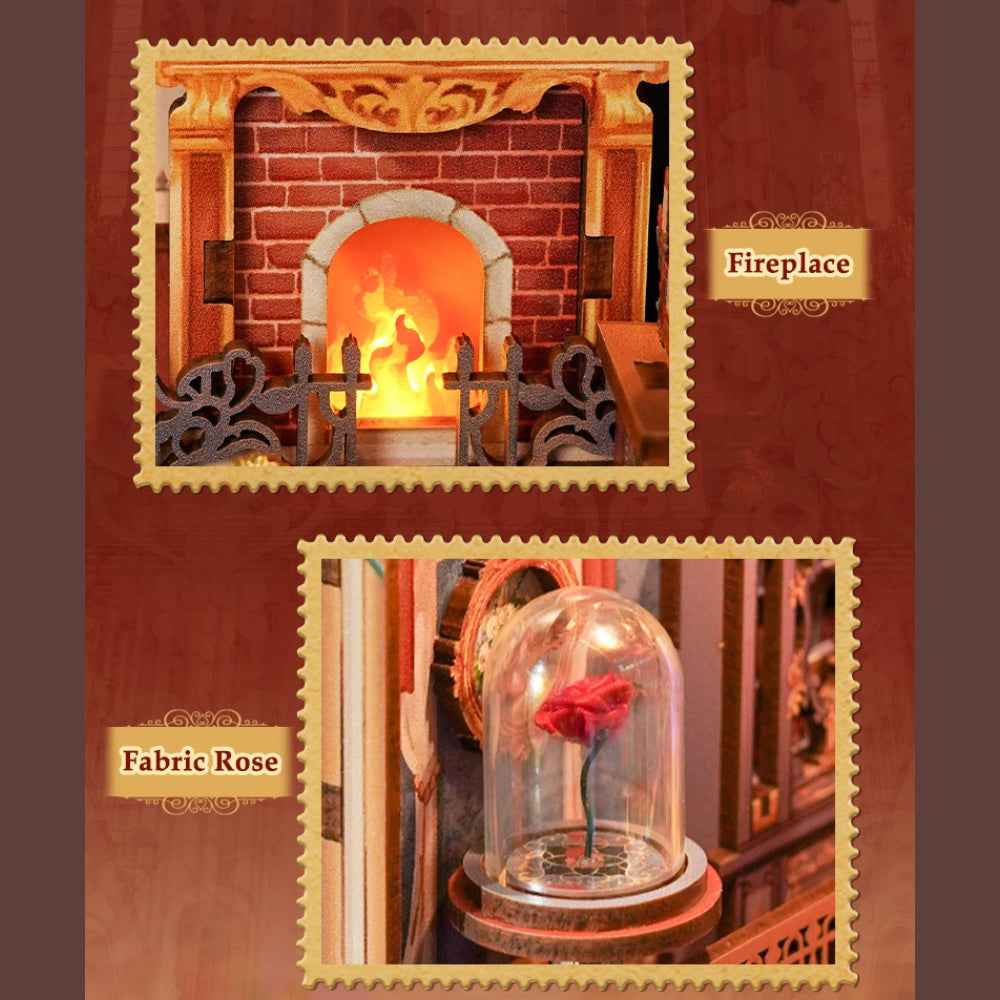 Beast and Beauty details showing a glowing fireplace and a rose beneath a clear dome.