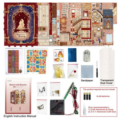 Beast and Beauty kit panels, instruction booklet, decorations, wiring and clear cover arranged together.