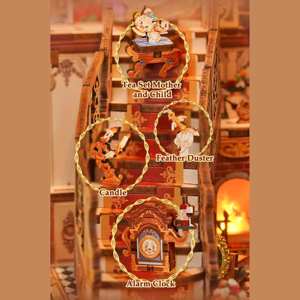 Beast and Beauty staircase scene with miniature tea ware, feather duster, candlestick and clock.