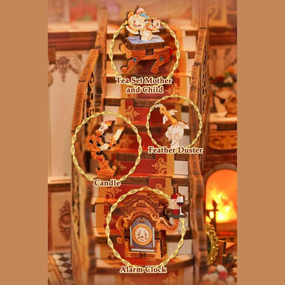 Beast and Beauty staircase scene with miniature tea ware, feather duster, candlestick and clock.