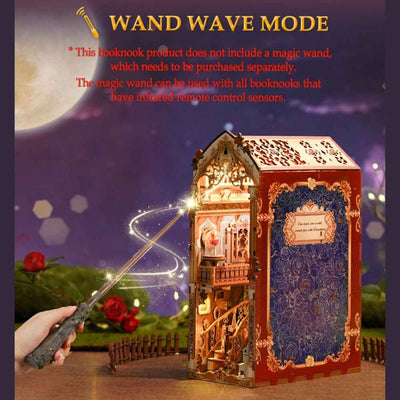 Beast and Beauty lighting demonstration with a wand pictured beside the book nook.