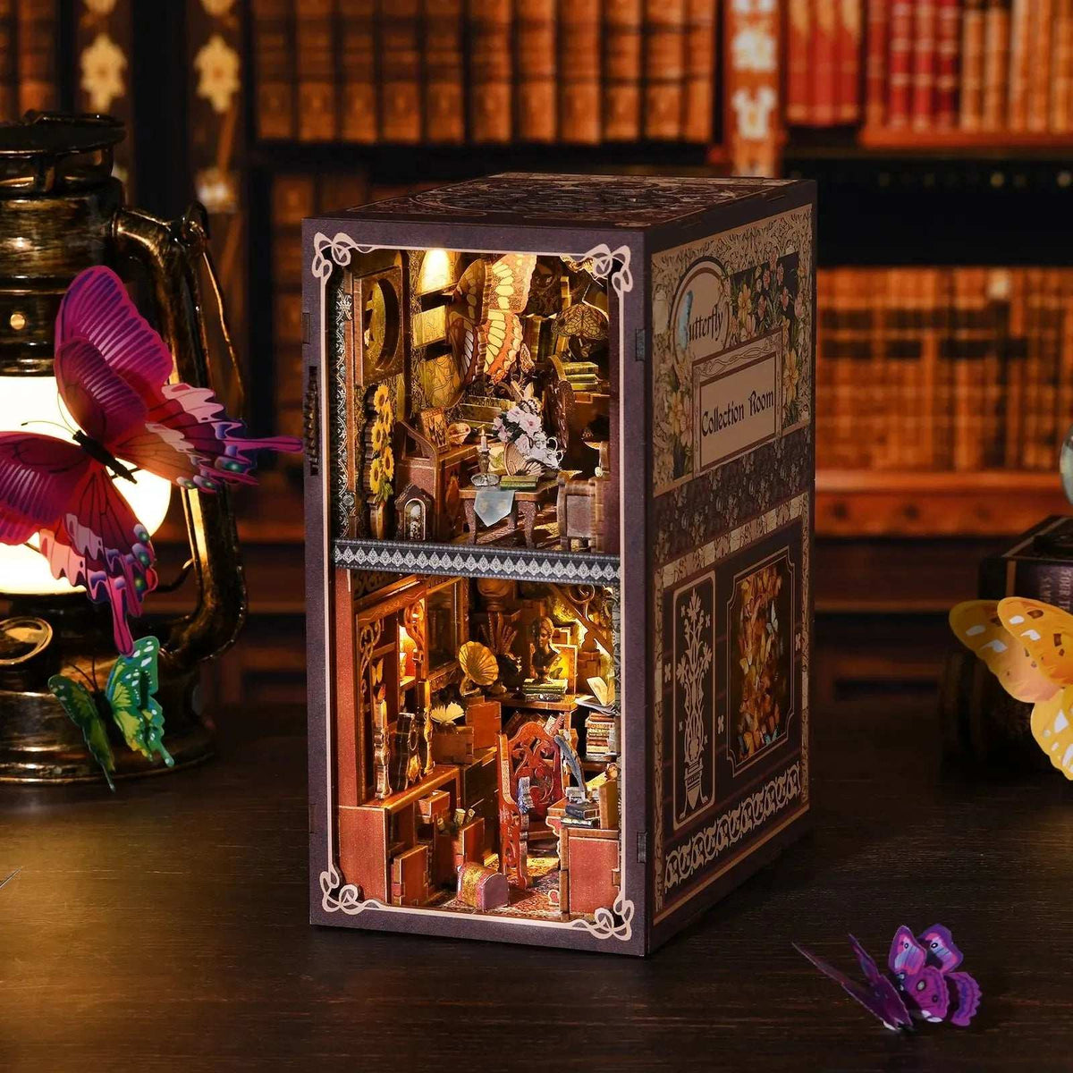 Butterfly Collection Room book nook with two levels of miniature specimens and display furniture.