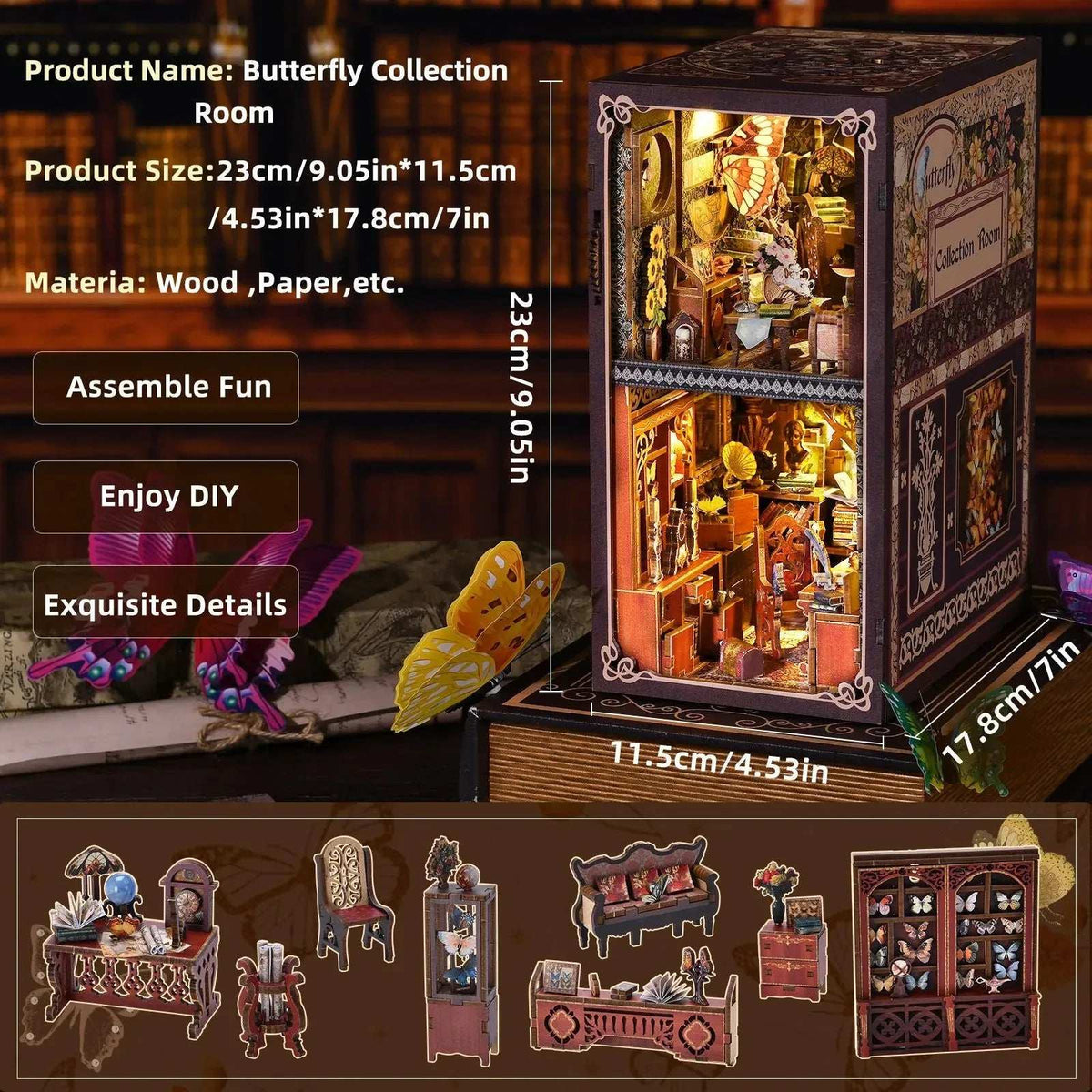 Butterfly Collection Room dimension diagram with miniature furnishings pictured below.