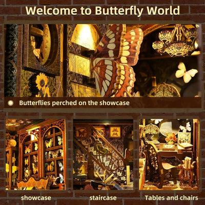 Butterfly Collection Room details showing specimen displays, a staircase and miniature tables and chairs.