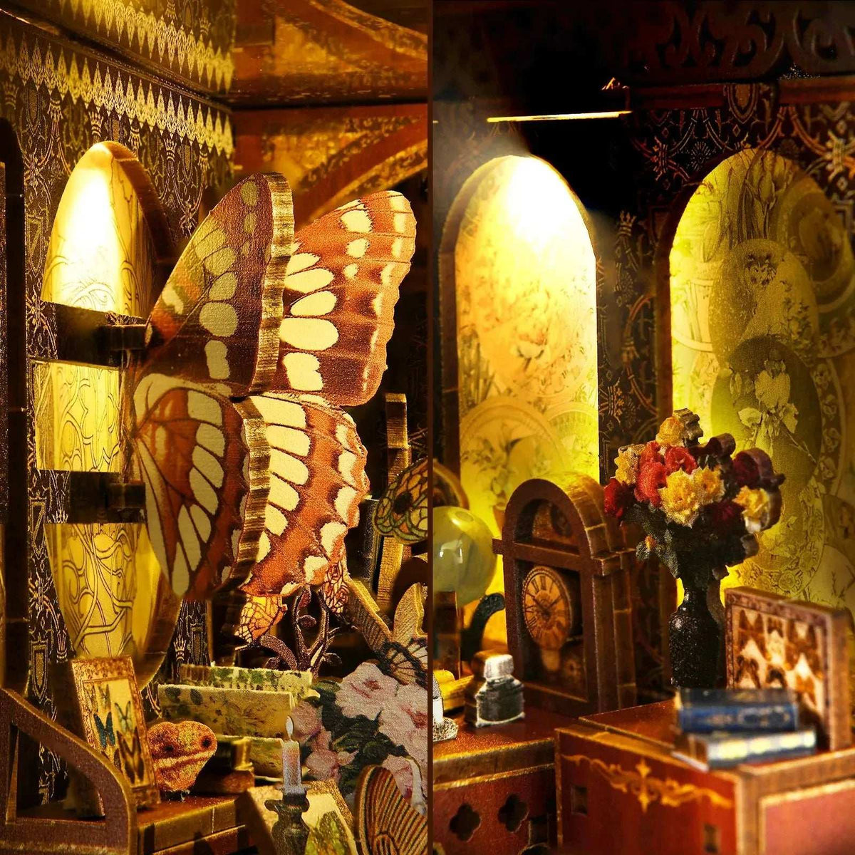 Large decorative butterfly beside miniature display cabinets and flowers in Butterfly Collection Room.