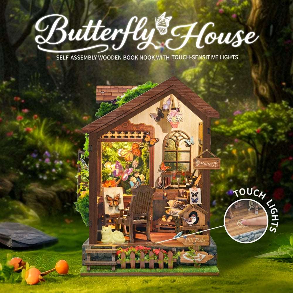 Butterfly House displayed against a woodland backdrop with a touch-lighting callout.