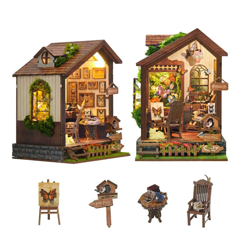 Butterfly House from two angles with miniature furniture and a signpost pictured below.