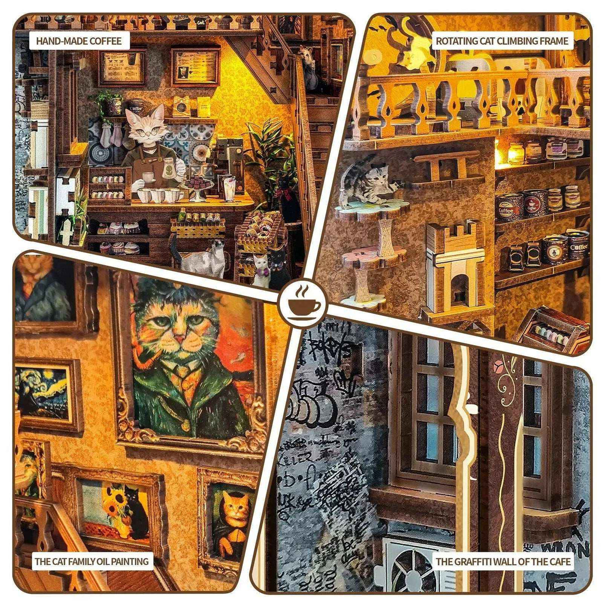 Caramel Dreams details showing the coffee counter, cat climbing frame, cat portrait and decorated ceiling.