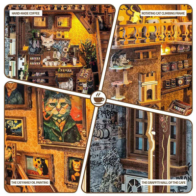 Caramel Dreams details showing the coffee counter, cat climbing frame, cat portrait and decorated ceiling.