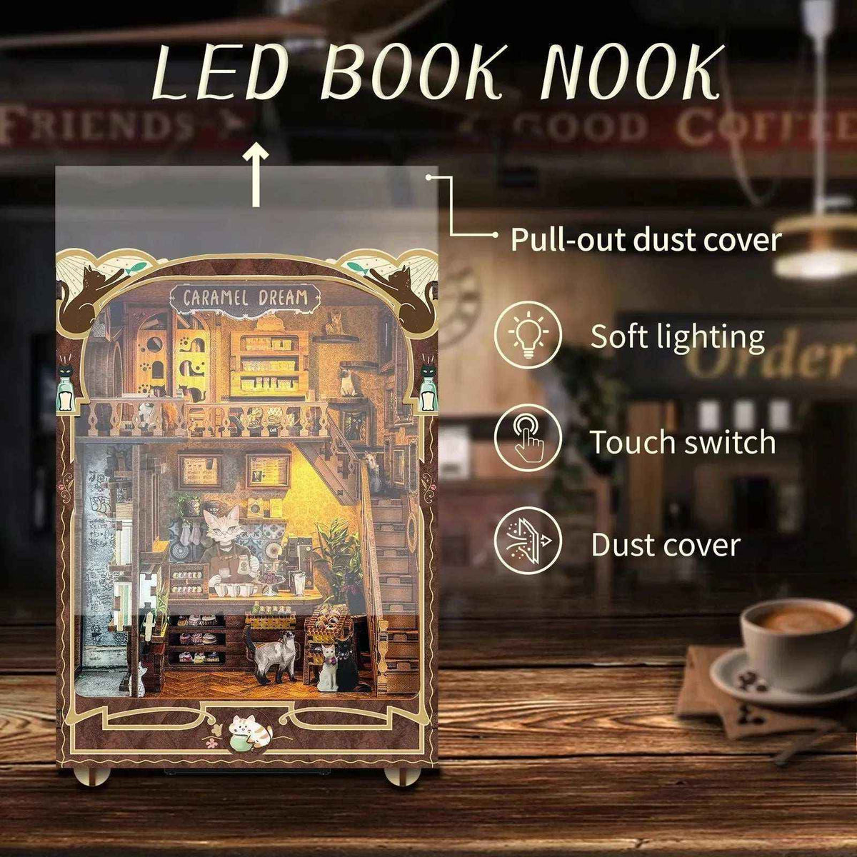 Caramel Dreams book nook with callouts for the clear cover, warm lighting and touch switch.