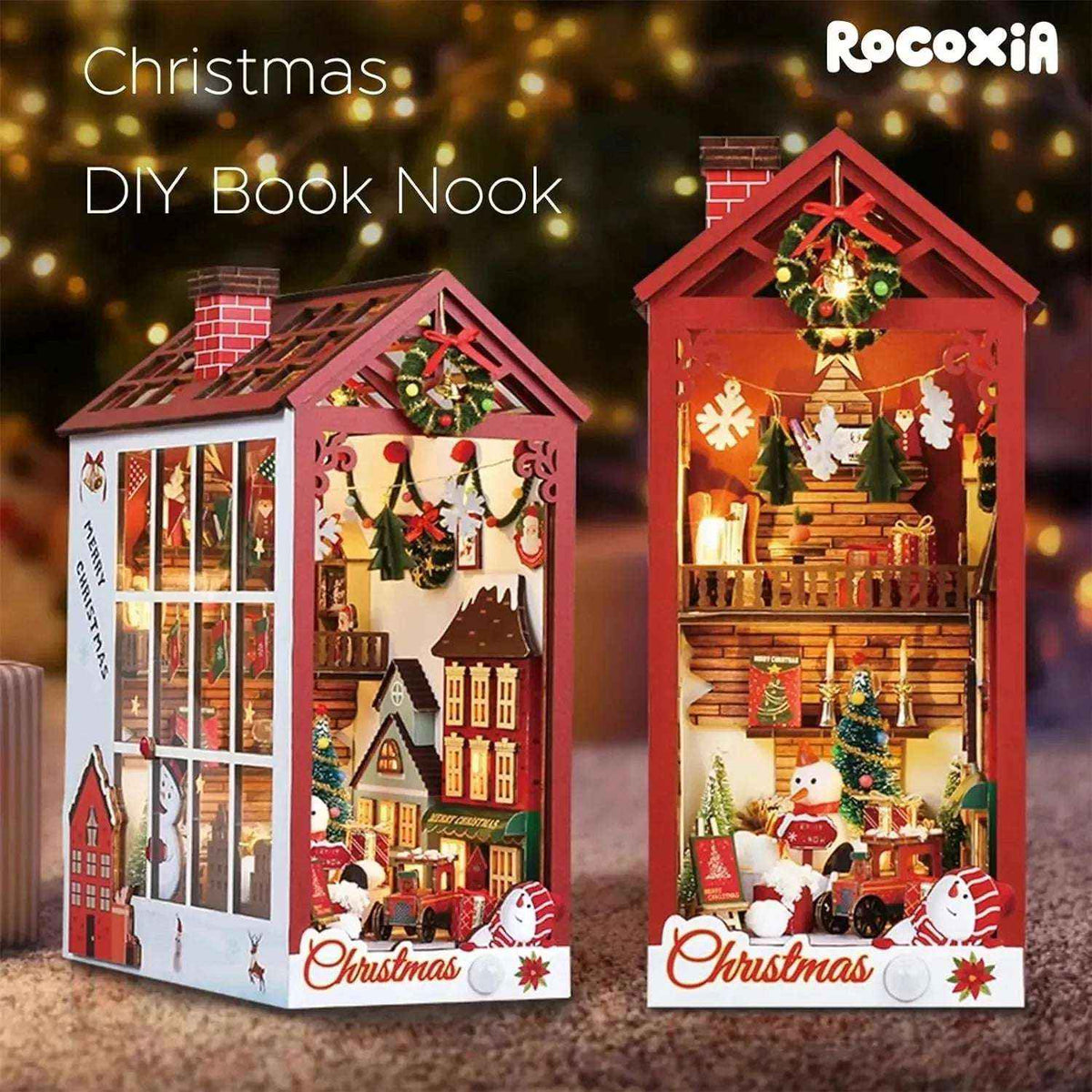 Christmas book nook shown from two angles, with a red-and-white cabin, Santa and a Christmas tree.