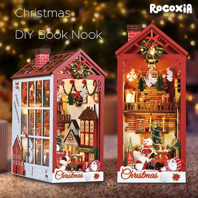 Christmas book nook shown from two angles, with a red-and-white cabin, Santa and a Christmas tree.
