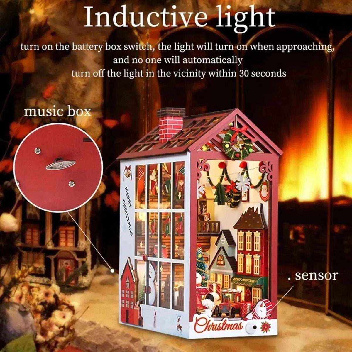 Christmas book nook lighting illustration with a music box mechanism pictured beside the model.