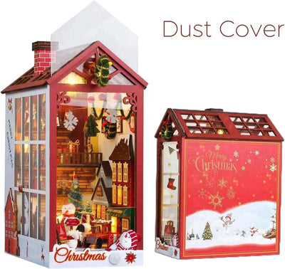 Front and rear views of the Christmas book nook showing the clear top cover.