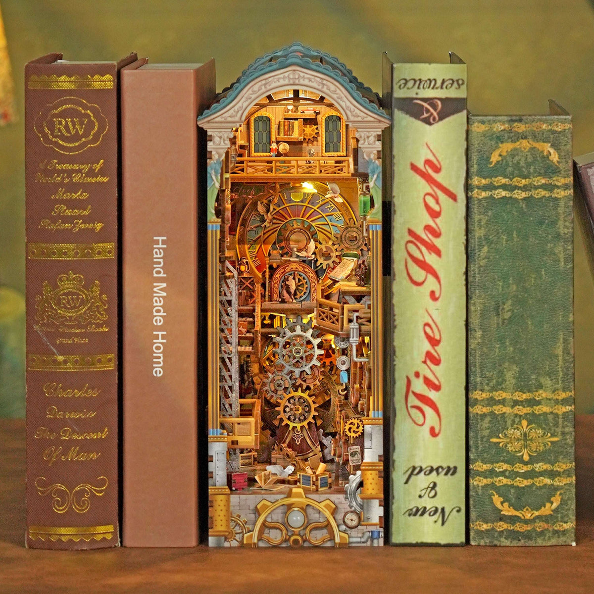 Clock Tower book nook between books with exposed miniature gears and warm-lit rooms.