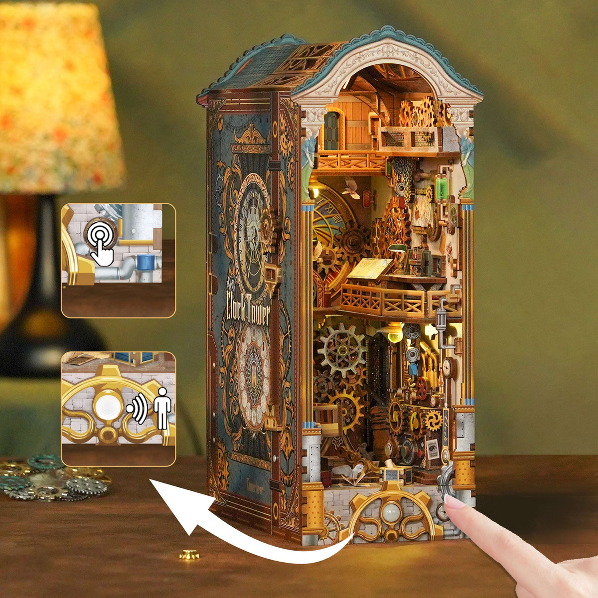 Clock Tower book nook with touch-control insets and an arrow indicating the opening cover.