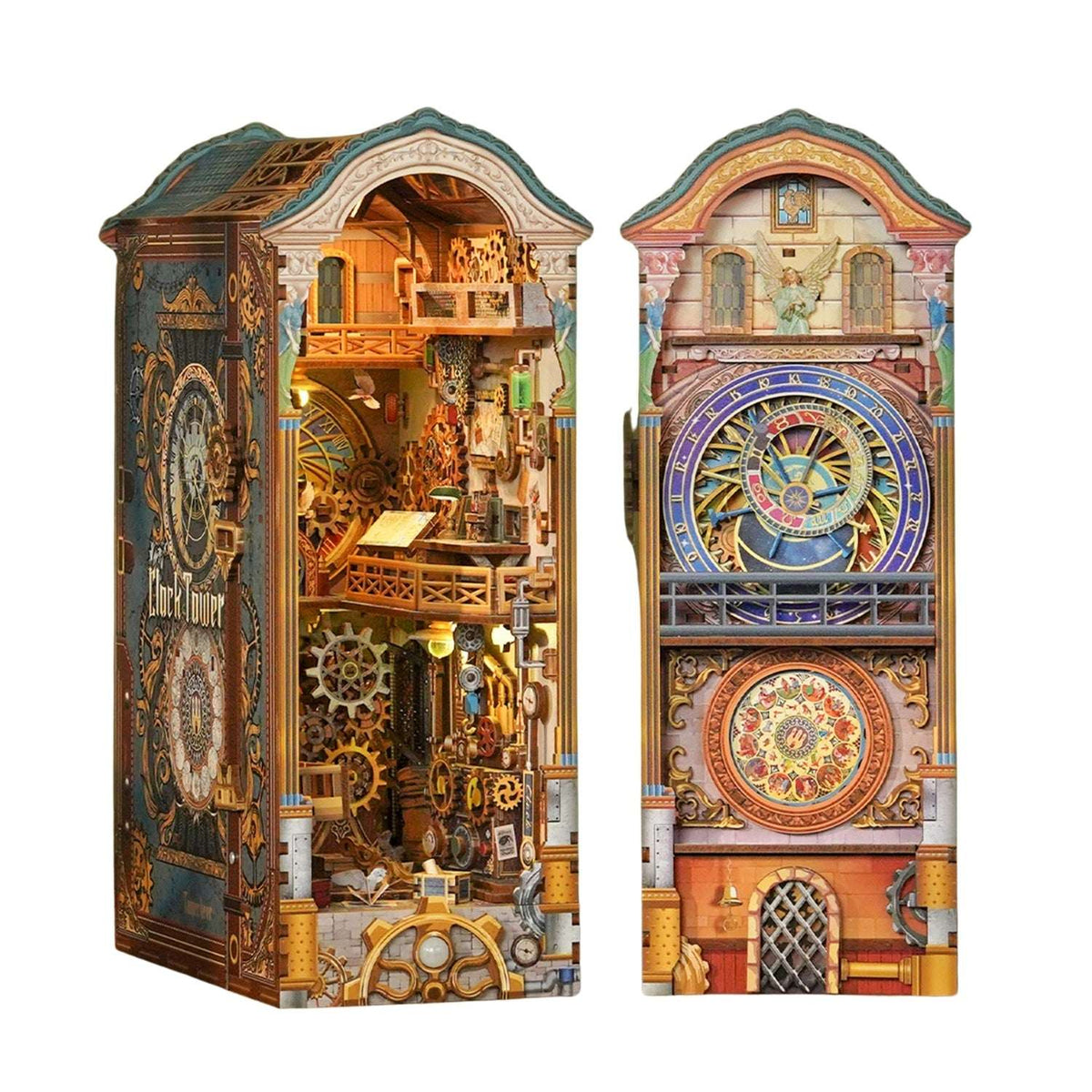 Clock Tower shown from the front and side, including its colorful clock-face exterior.