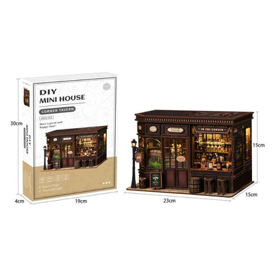 Corner Tavern model and kit-box dimension diagrams.