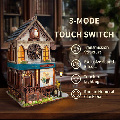 Cuckoo Clock House feature card showing the touch control, clock face and lighting.