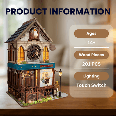 Cuckoo Clock House specification card beside the assembled miniature building.