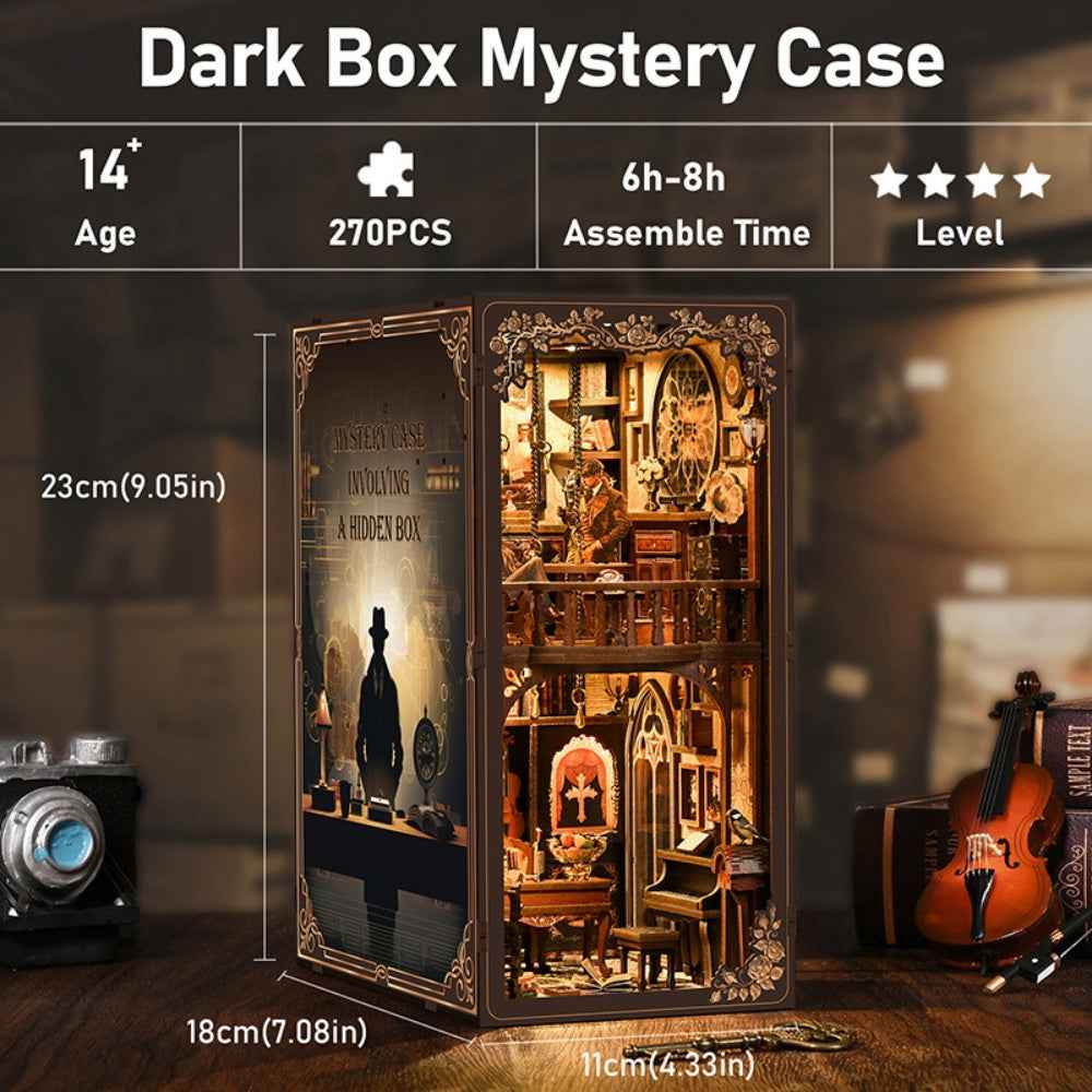 Dark Box Mystery Case specification card with finished dimensions.