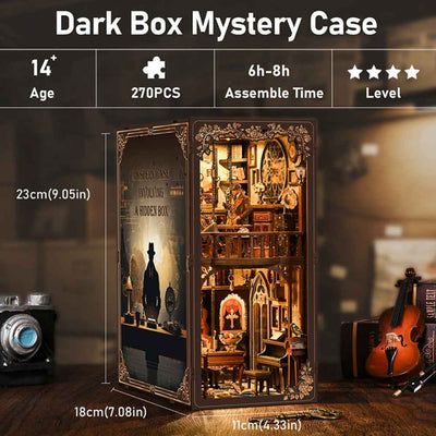 Dark Box Mystery Case specification card with finished dimensions.