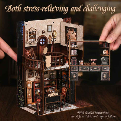 Hands assembling the Dark Box Mystery Case miniature interior with side panels open.