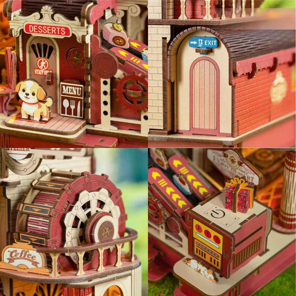 Dessert Atelier details showing dessert counters, an exit door, decorative gears and a control box.