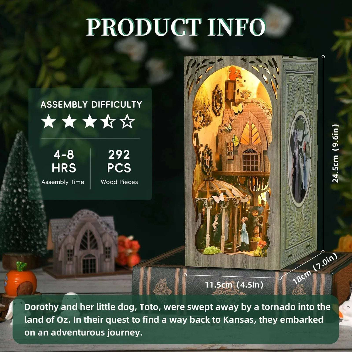 Dorothy's Journey specification card showing the finished book nook and dimensions.