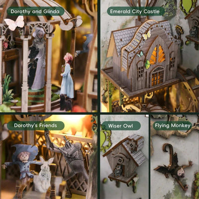 Dorothy's Journey details showing miniature characters, an Emerald City building, an owl and a flying monkey.