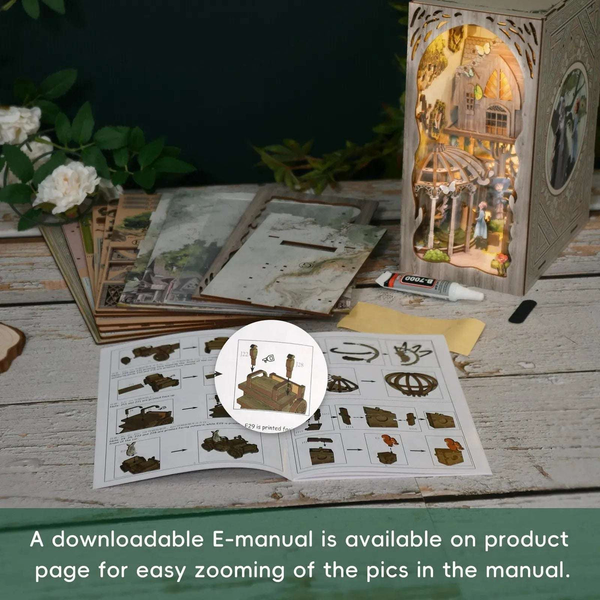 Dorothy's Journey book nook beside illustrated instructions and loose assembly parts.