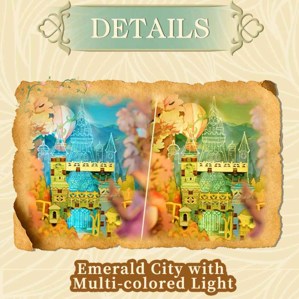 Dorothy's Journey Emerald City shown with two different lighting colors.