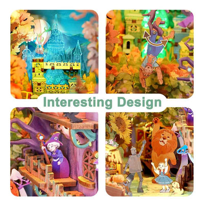 Dorothy's Journey detail collage showing the Emerald City, witch and storybook characters.