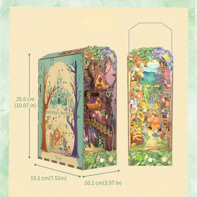 Dorothy's Journey colorful edition shown from two angles with finished dimensions.