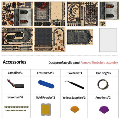 Dragon's Treasure Labyrinth printed panels and accessories shown in a kit-contents diagram.