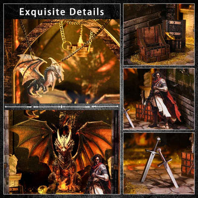 Dragon's Treasure Labyrinth details showing a suspended dragon, treasure chest, warrior and swords.