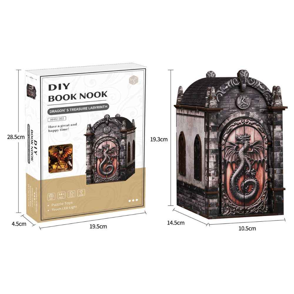 Dragon's Treasure Labyrinth model and packaging dimension diagrams.