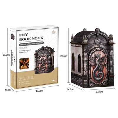 Dragon's Treasure Labyrinth model and packaging dimension diagrams.