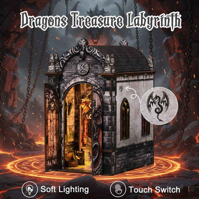 Dragon's Treasure Labyrinth with its door open and warm light inside the stone-patterned chamber.