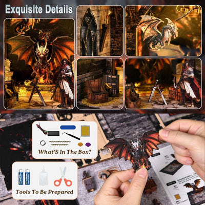 Dragon's Treasure Labyrinth assembly collage with dragon figures and an illustrated accessory list.