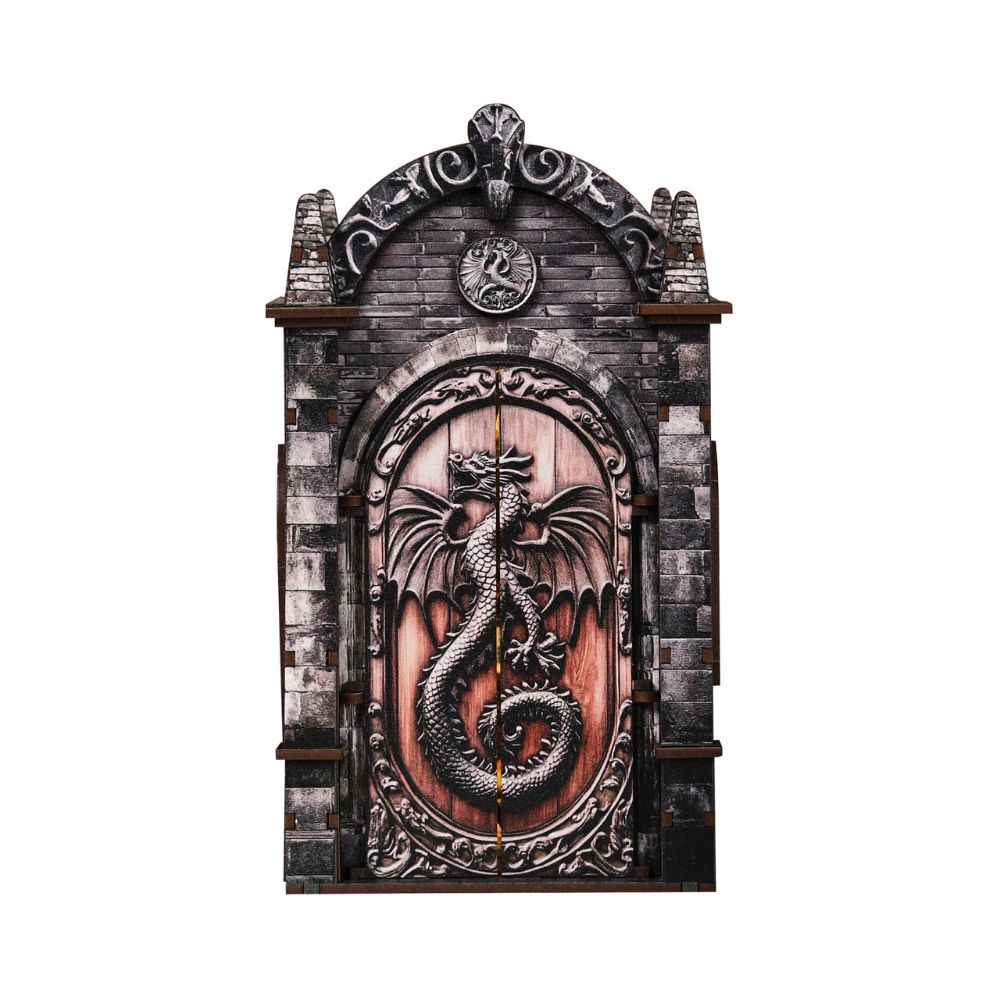 Front view of Dragon's Treasure Labyrinth with its dragon-decorated door closed.