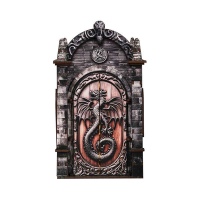 Front view of Dragon's Treasure Labyrinth with its dragon-decorated door closed.