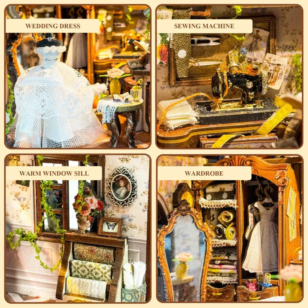 Dream Dress Studio details showing a wedding dress, sewing machine, window seat and wardrobe.